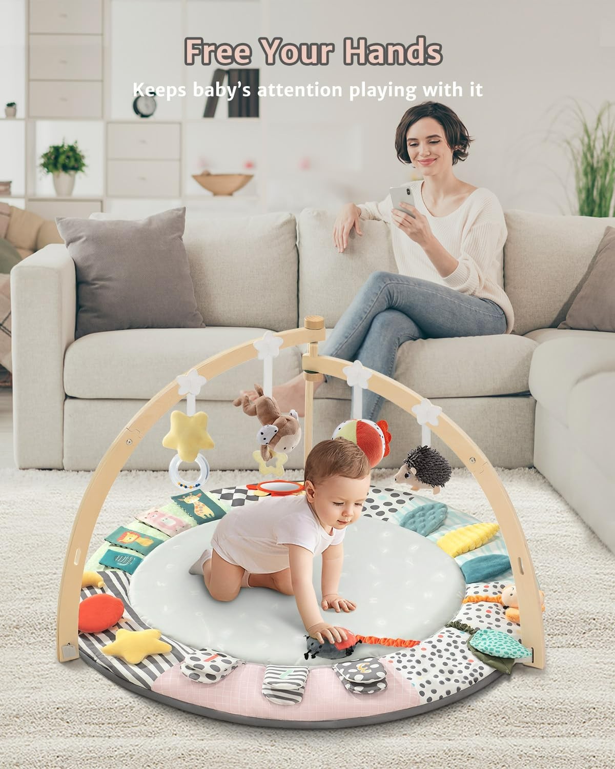 Baby Wooden Play Gym Newborn Developmental Zones Tummy Time Mat 7 in 1 Set NEW