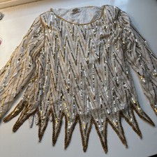 Vintage 80s Beaded White  Gold Sequin Silk Evening Tunic Top- Size L