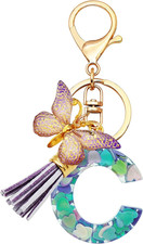 Initial Letter Keychains for Girls Women Pink Purple Green Cute Butterfly Heart