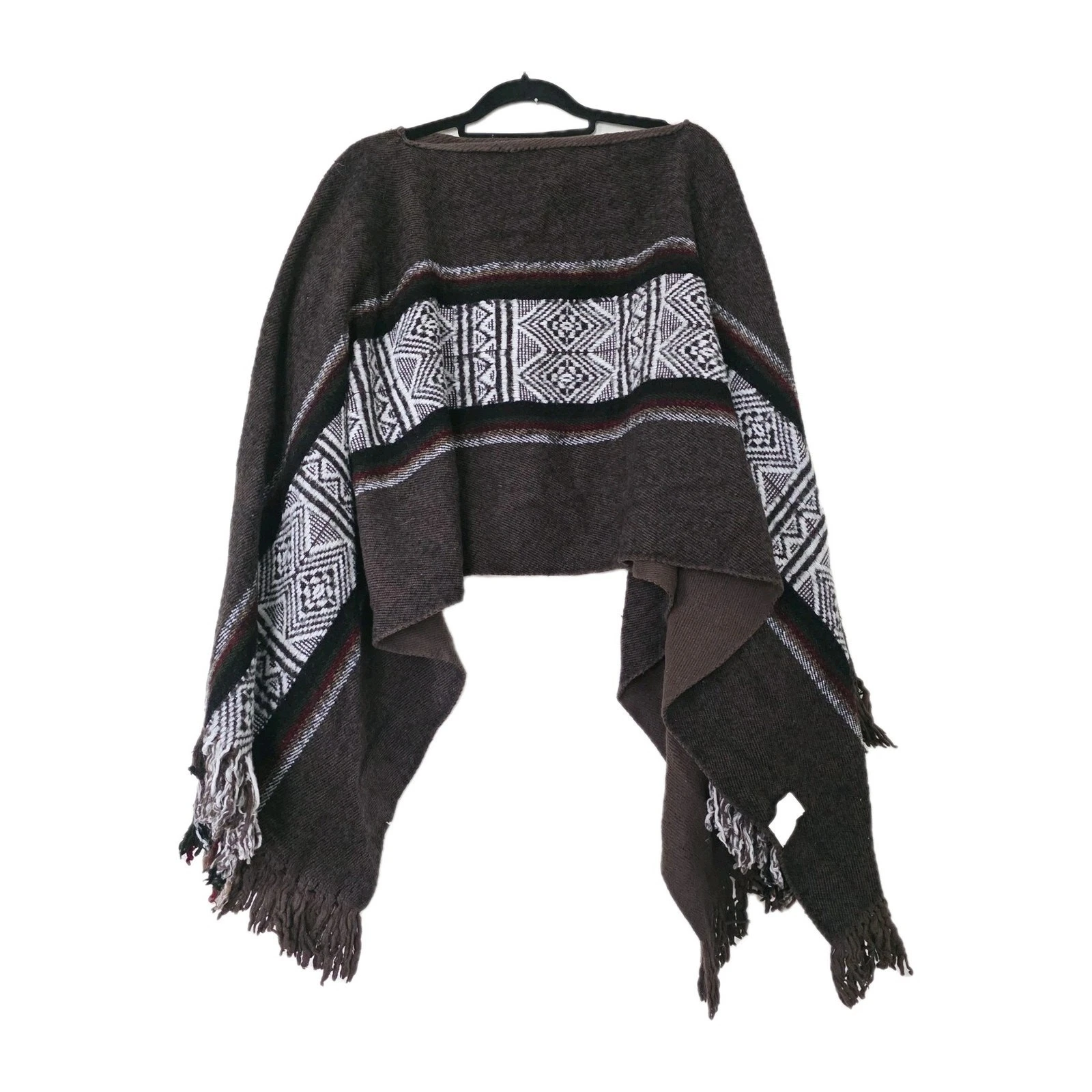 Vintage Virgin Wool Blanket Poncho OS Western Aztec Fringe Boho Brown Shawl Wrap