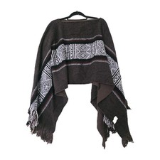 Vintage Virgin Wool Blanket Poncho OS Western Aztec Fringe Boho Brown Shawl Wrap