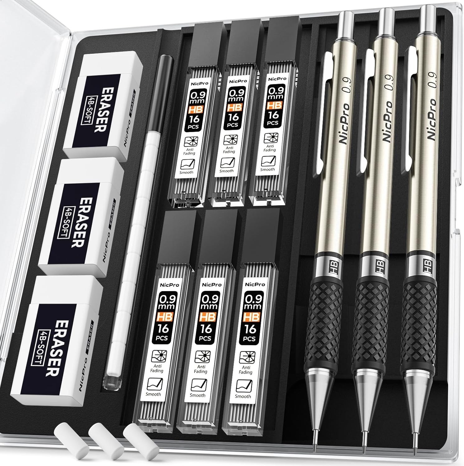 Set With Case, 3pcs Metal Mechanical Pencils With 6 Tub
