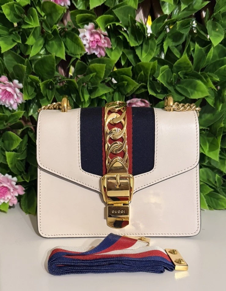 GUCCI Leather Chain Shoulder Bag Red Sylvie Web Stripe Handbag Authentic Luxury