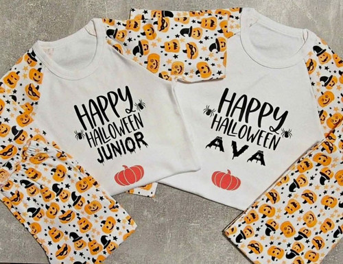 PERSONALISED Kids Unisex Halloween Pyjama Set Pumpkin COTTON Long Sleeve