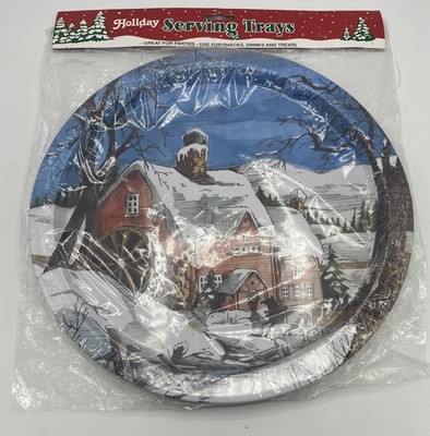 Vintage 1989 Christmas Serving Tray 13  Round - Winter Water mill Scene