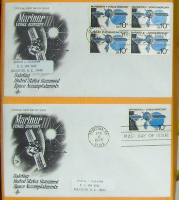 US 2 different FDC 10¢ stamp SC #1557  MARINER 10 VENUS MERCURY Art Craft 1975.