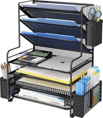 7 Tier Desk File Organizer, Letter Tray Paper Organizer with Pen Holder and Meta