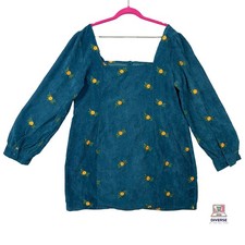 Cider Corduroy Teal Floral Embroidered Mini Dress 2XL Yellow Flowers