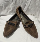 BRUNELLO CUCINELLI BROWN SUEDE BEADED METAL STRAP POINTED TOE LOAFERS