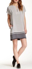 VINCE Navy White Geometric Print Trapunto Silk Tunic Mini Shift Dress XS = 0/2