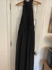 Azazie Women Bridesmaid Dress Chiffon Black  Sz C Open Back Halter Wedding Party
