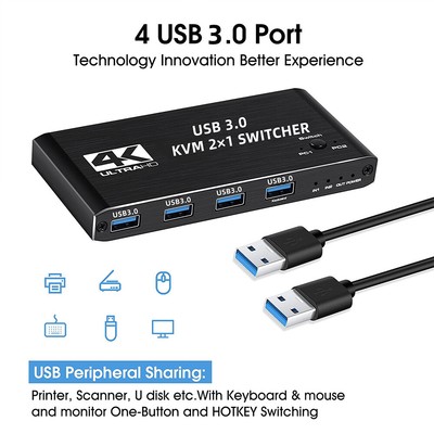 4 Port USB 3.0 HDMI KVM Switch Box 4K60Hz 2 in 1 out PC Mouse Keyboard Sharing