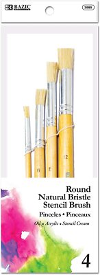 BAZIC Round Natural Bristle Stencil Brush Set 4 pcs Acrylic Oil Watercolor Art