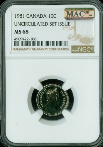 1981 KANADA 10 CENTS NGC MAC MS68 PQ 2. FEINSTE GRADE MAKELLOS. - Bild 1 von 2