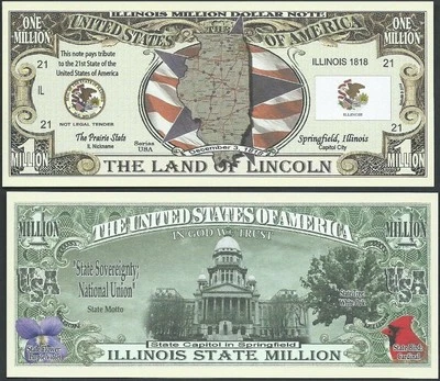 Illinois State Million Dollar Bill Play Funny Money Novelty Note + FREE SLEEVE