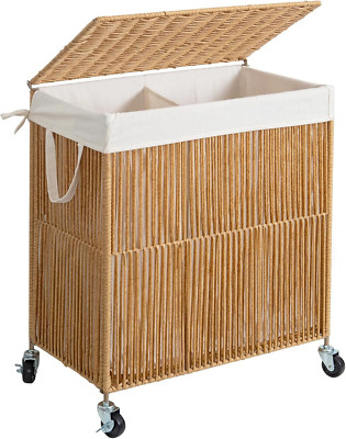 Rolling Laundry Hamper with Lid, 115L Capacity, Divided Liner Bag, Natural