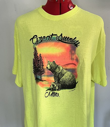 Vintage Wildlife Bear Cub Neon Yellow Great Smoky mountains T-Shirt Large F&M - Picture 12 of 14