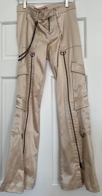 Vanilla Star Jeans Shiny beige/cream cargo pants zipper flare pockets chain Y2K