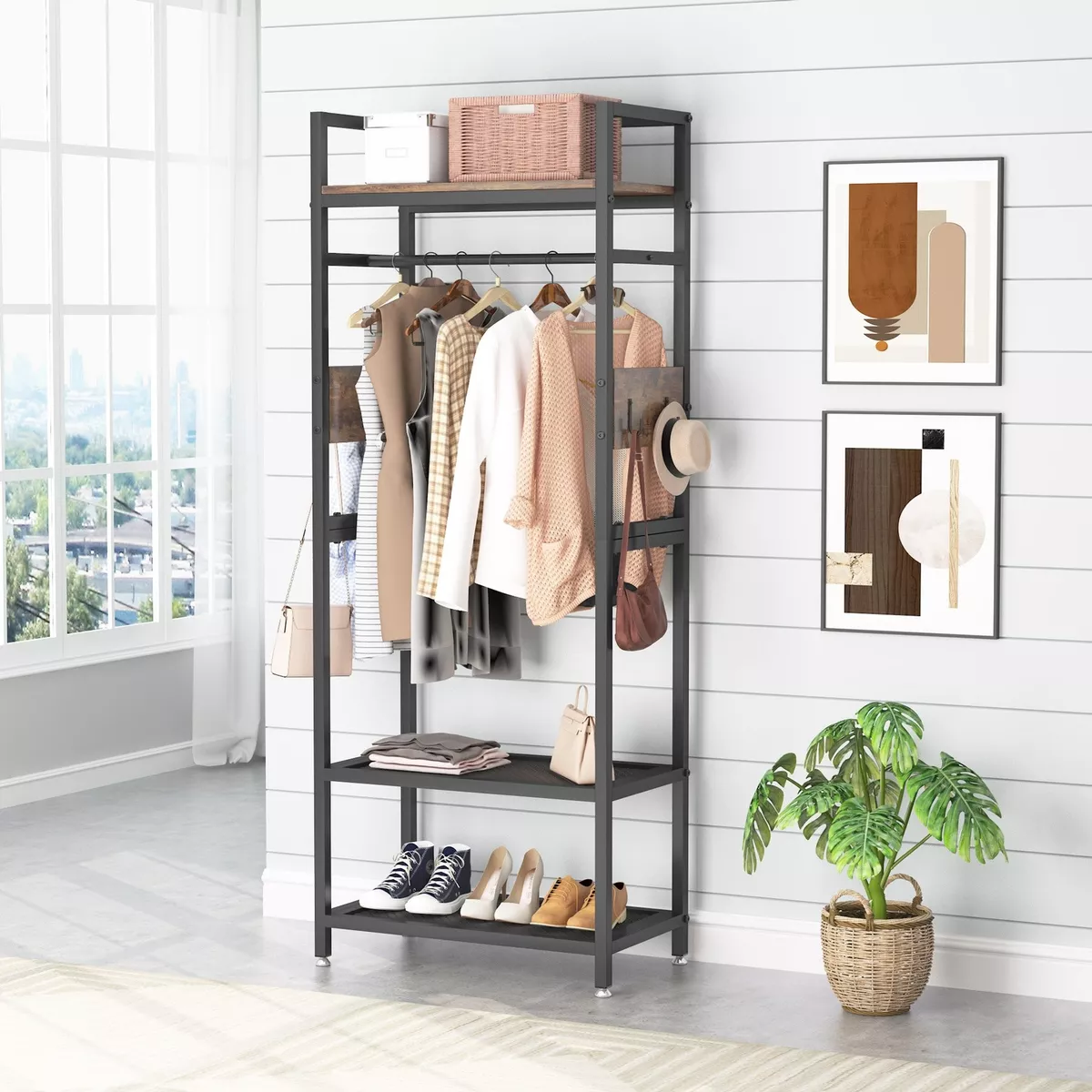 Hall Tree Coat Closet Rack with Rod Hooks Clothes Wardrobe Shelves