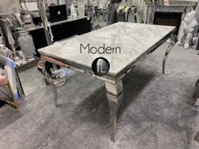 1.8 M Louis dining table with grey marble top with x6 grey velvet lion chairs
