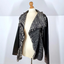 Vince Jacket Leather Boucle Biker Real Lamb Sleeves Wool Black Tweed Large