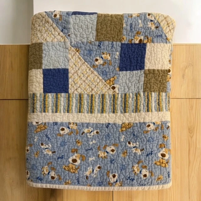 Edredón Hecho a Mano 41"x48" PERROS Diagonal Camino Azul Tostado Crema Reversible Foto 2 de 4