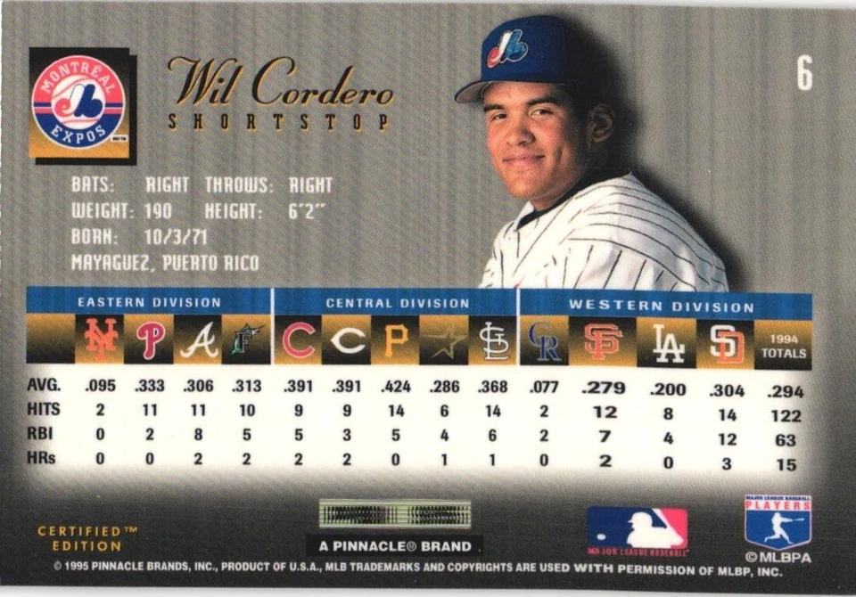 1995 Select Certified #6 Wil Cordero Montreal Expos - Image 2 of 2