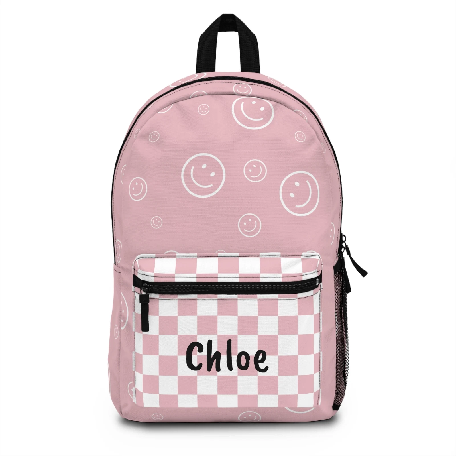 Personalized Pink Smiley Face and Checkered Backpack  Durable and Stylish