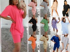 NEW WOMEN'S Oversize 2 PIECE CO ORD T SHIRT LADIES CYCLE SHORT SET GYM WEAR UK