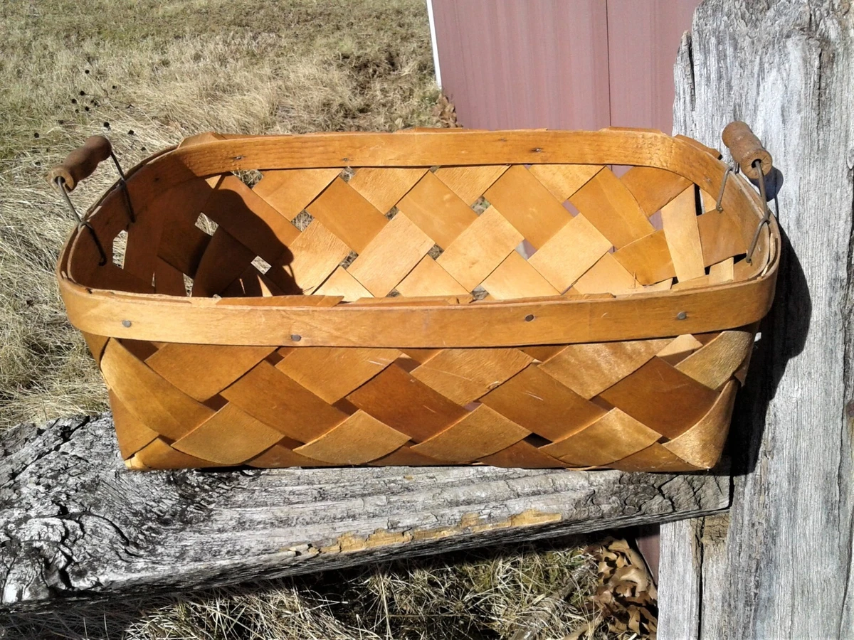 Vintage Doll Size Wooden Woven Slat Laundry Basket w Handles
