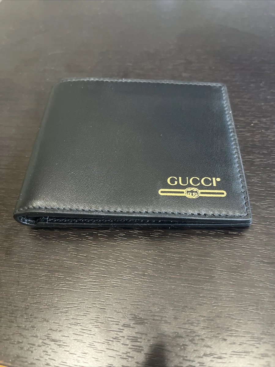 Gucci Signature Black Leather Gold Logo Print Credit Card Holder Bifold  Wallet