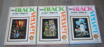 Craft House BLACK VELVET Oil Paint by Number Set LION CUB FISHIN HOLE LIGHTHOUSE
