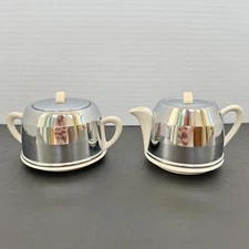 Mid Century MCM Ceramic Creamer & Sugar w/ Metal Covers Made in England 877448