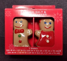 Holiday Time Gingerbread Boy and Girl 3" Ceramic Salt & Pepper Shakers NIB