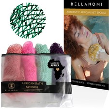 BELLANOMI 4 Piece African Exfoliating Net Sponge Long African Bath Sponge, Authe