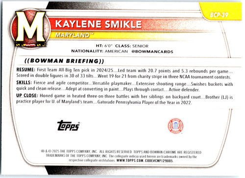 2025-26 Bowman Kaylene Smikle Chrome Prospects Green Shimmer Refractor #/99 - Picture 2 of 2