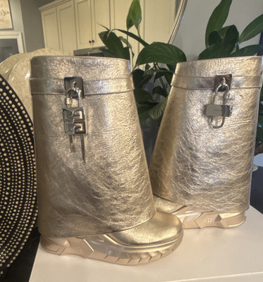 Givenchy Gold Leather Logo Lock Accent Bootie Solid Round Toe Boots