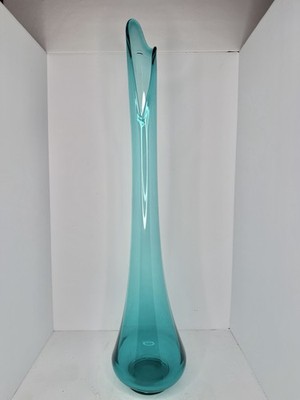 Vintage MCM LE Smith Glass 29.5  Peacock Blue Fat Bottom Swung Vase