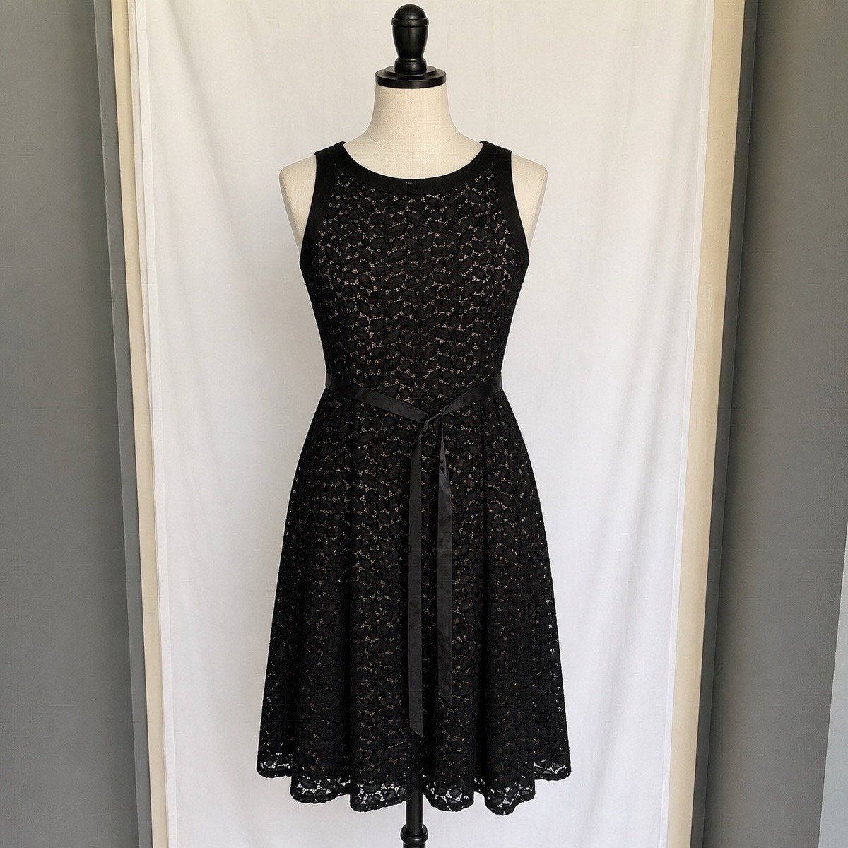 perceptions lace dress Perceptions Black Lace Dress Women's XL Sleeveless Fit & Flare Satin Belt Midi