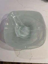 Pier 1 Imports Large 16” Art Glass Bowl Square Swirl Centerpiece –Green & White