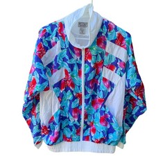 Nylon Track Jacket Women's Medium White Parachute VTG 80s Full Zip Bright Floral