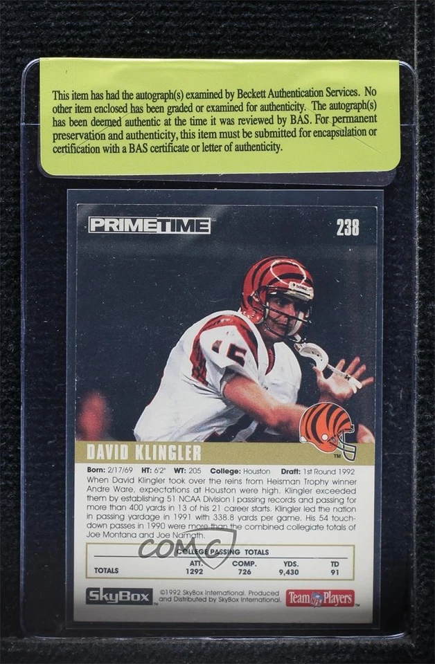 BAS 1992 Skybox Primetime David Klingler #238 Authentic Auto Rookie RC - Image 2 of 2
