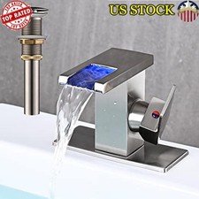 LED Bathroom Sink Temperature Sensing Faucet Brushed Nickel Easy Installation US