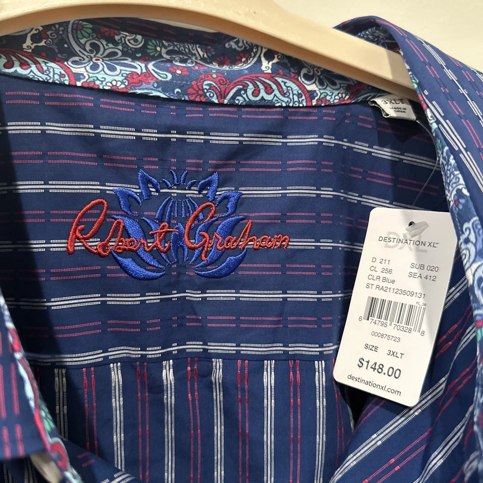 NWT Robert Graham Mens 3XLT Button Down Shirt Long Sleeve Blue Striped Paisley - Image 2 of 4