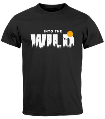 Herren T-Shirt Brustprint Bedruckt Into the Wild Schriftzug Outdoor Fashion