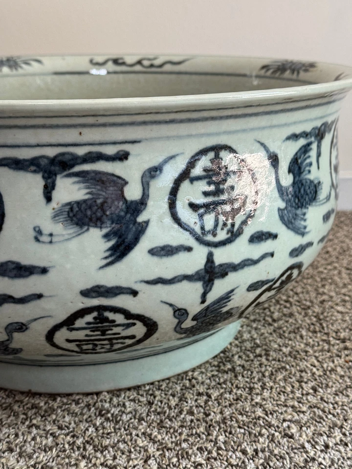 LARGE Antique 16th c Chinese MING Dynasty Crane & Shou Porcelain Jardiniere 16" - Image 3 of 4
