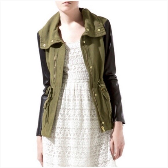 Zara Green Military Field Jacket with Lamb Leather Sl… Gem