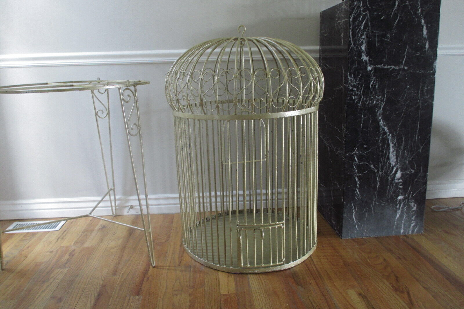 Antique Iron Bird Cage Heavy Ornate Victorian Dome w/ Swing Vintage Parrot House