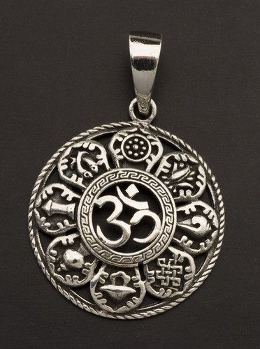 Pendentif Bouddhiste Astamangala Om – Argent Massif 925 – 5,2g – Bijou Aum #25863