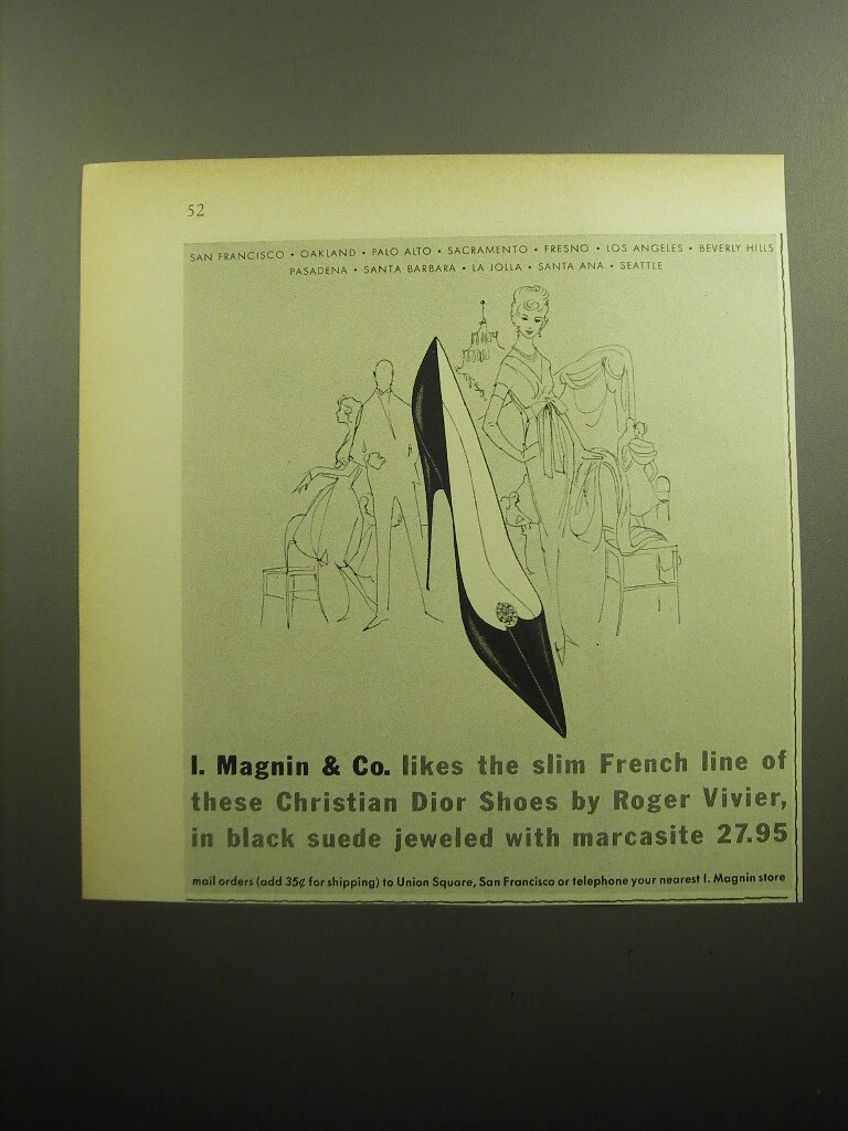 1958 I. Magnin Christian Dior Chaussures par Roger Vivier Publicité